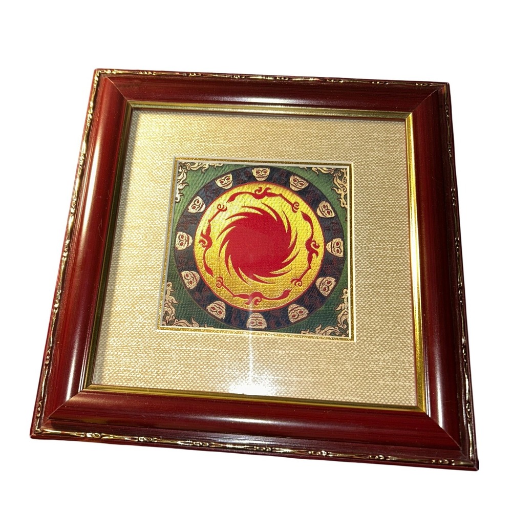 Chinese Silk Embroidery Framed Art Red Gold Dragon Sun Motif Cherry Wood Frame‎